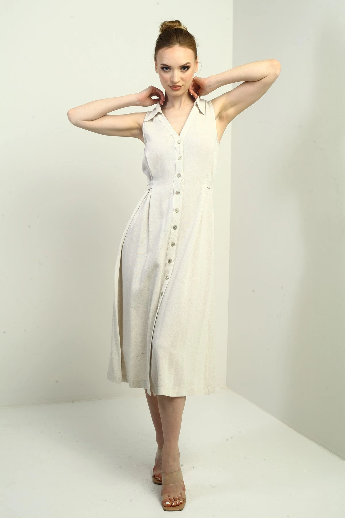 Kadın Polo Yaka Ön Pile Düğme Detaylı Midi Keten Elbise