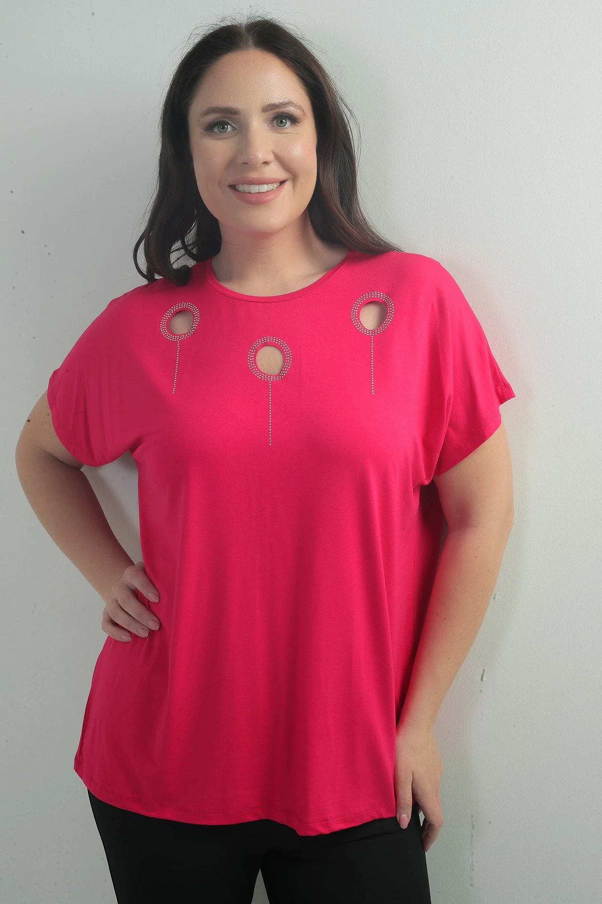 Kadın Omuzu Taş Baskılı Bisiklet Yaka Yarasa Kol B.B. Bluz