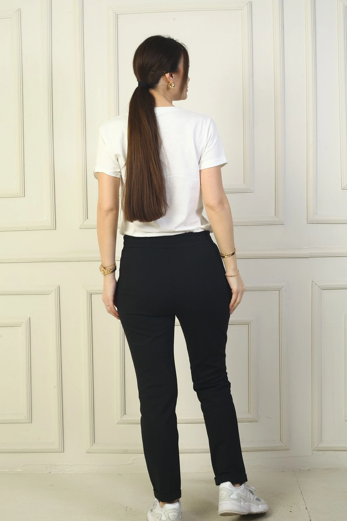 Kadın Beli Lastikli Yandan Cepli Full Likra Çelik Duble Paça Pantolon