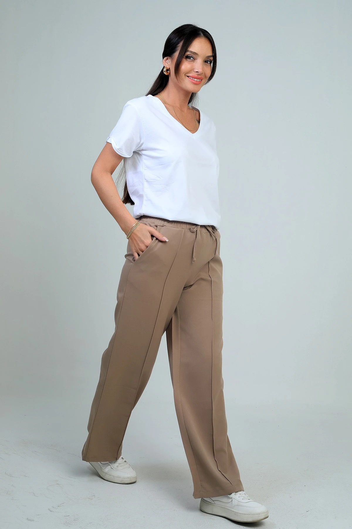 Kadın Beli Lastikli Bağcıklı Yandan Cepli Palazzo Pantolon