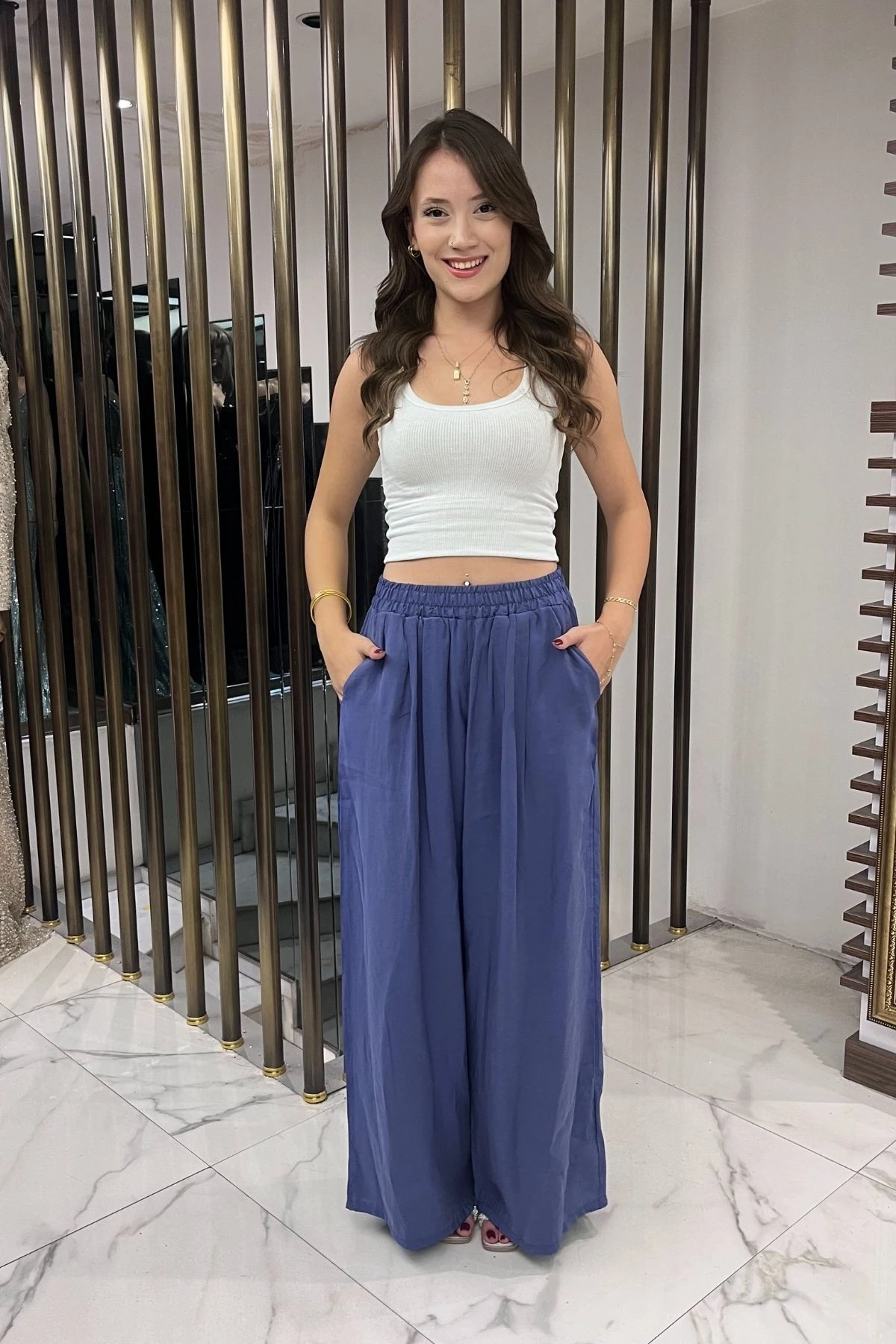 Kadın Beli Lastikli Cepli Lyocell Palazzo Pantolon