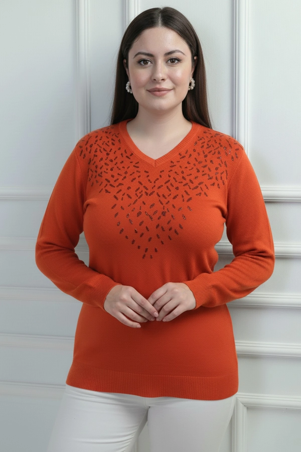 Kadın V Yaka Önü Sim Detaylı Büyük Beden Triko Bluz