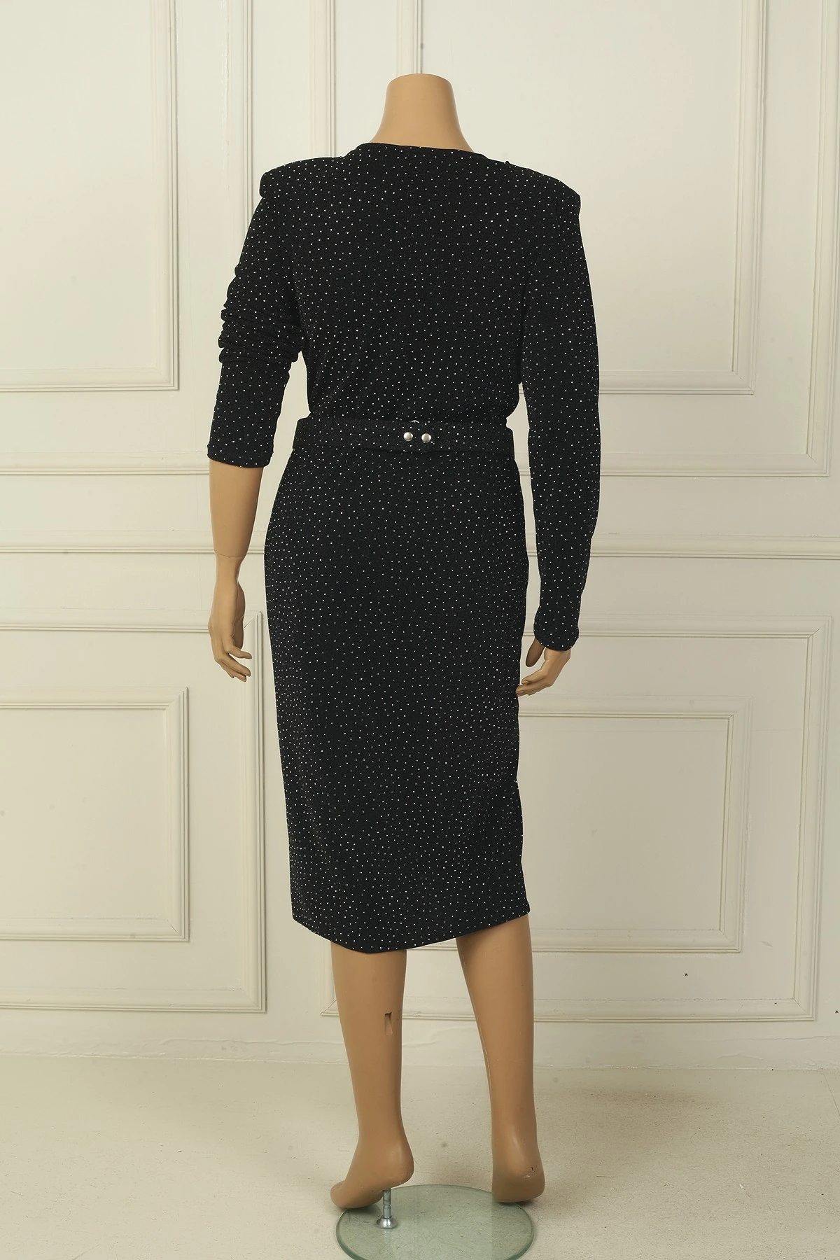 Kadın ruvaze Yaka Beli Kemerli Astarlı Taşlı Büyük Beden Midi Elbise