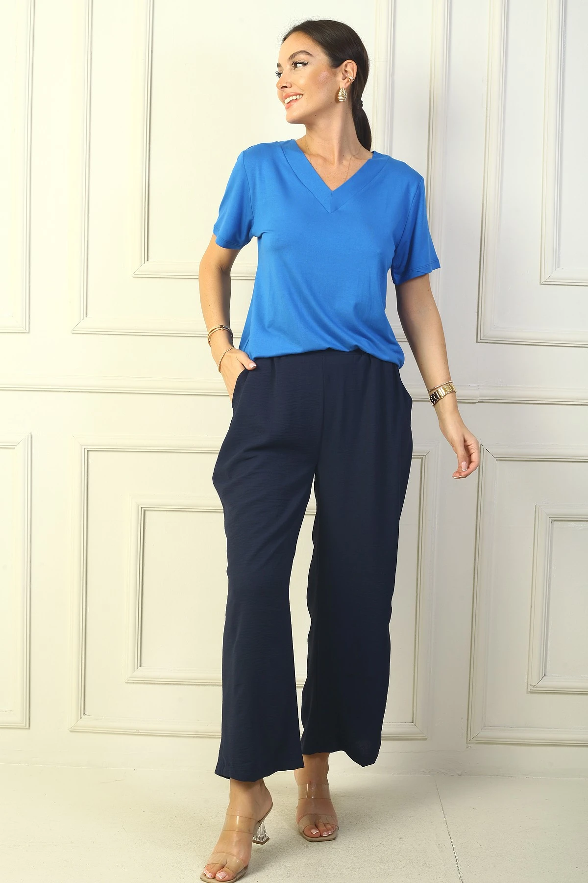 Kadın Beli Lastikli Cepli Palazzo Ayrobin Pantolon