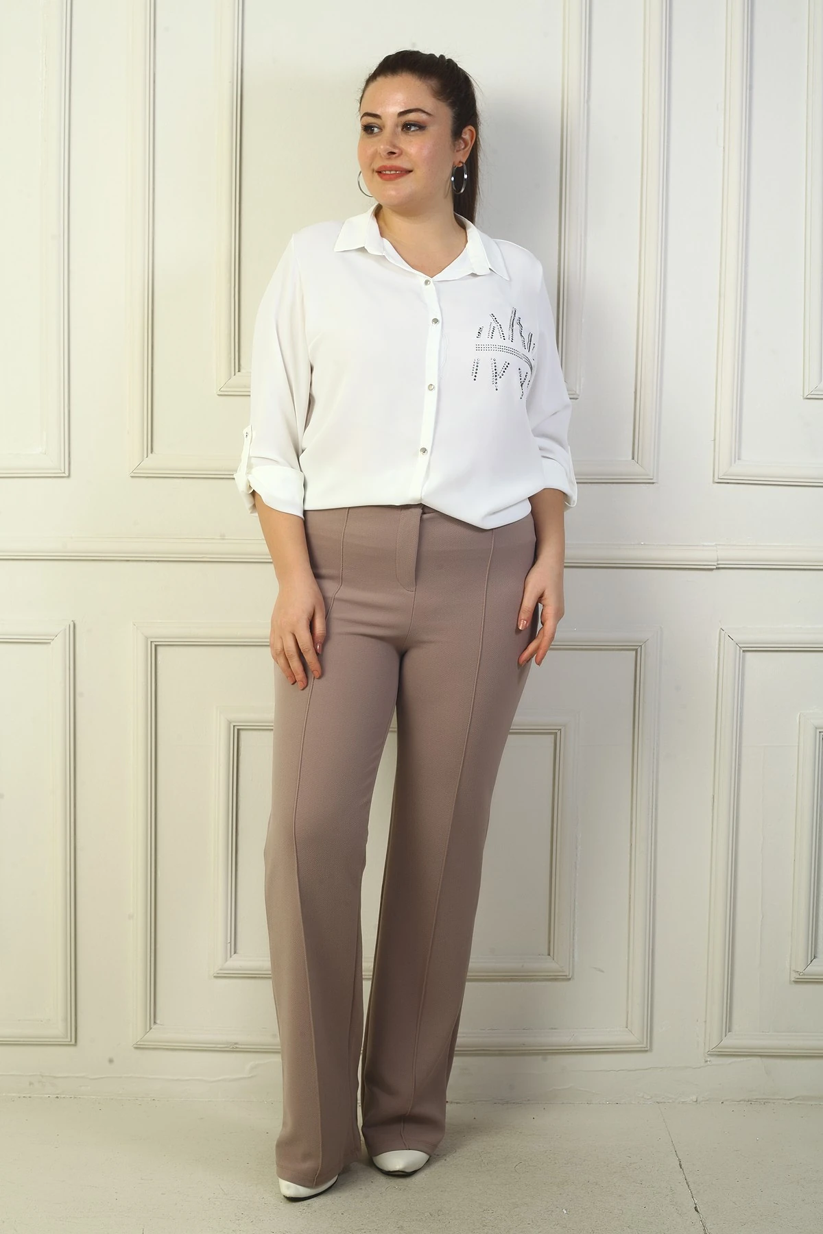 Kadın Beli Lastikli Çımalı Büyük Beden Palazzo Pantolon