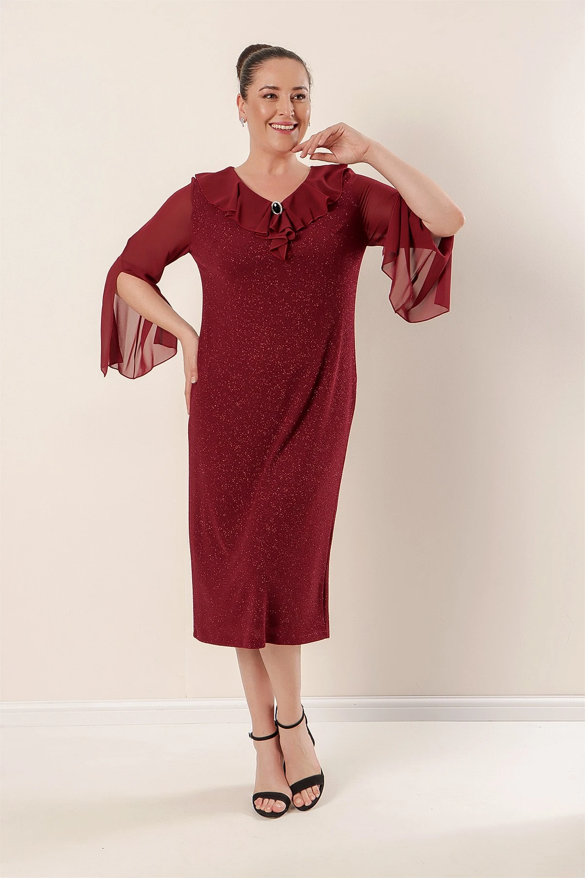 Yaka Ve Kollar Şifon Astarlı Likralı Simli Büyük Beden Elbise