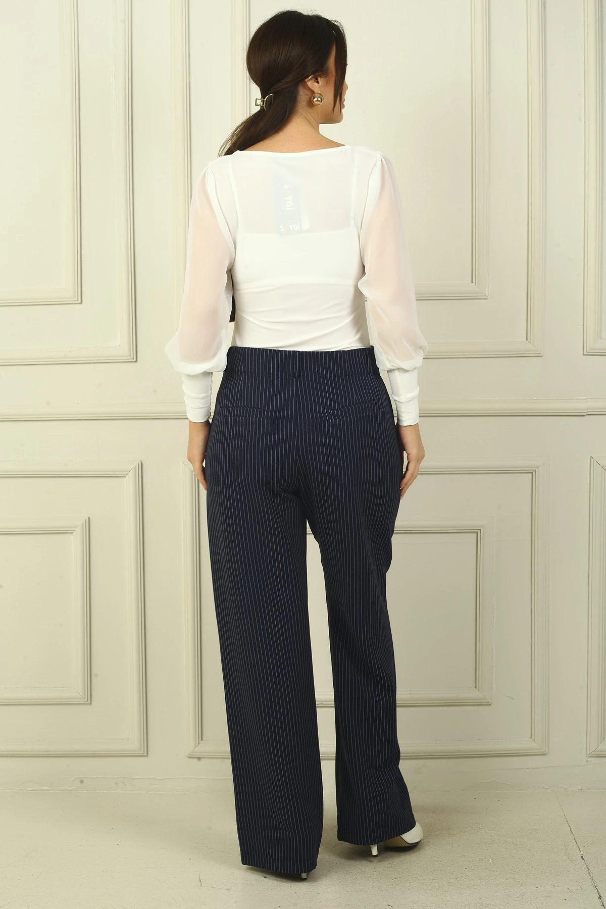 Kadın Yandan Cepli Boyuna Çizgili Palazzo Pantolon