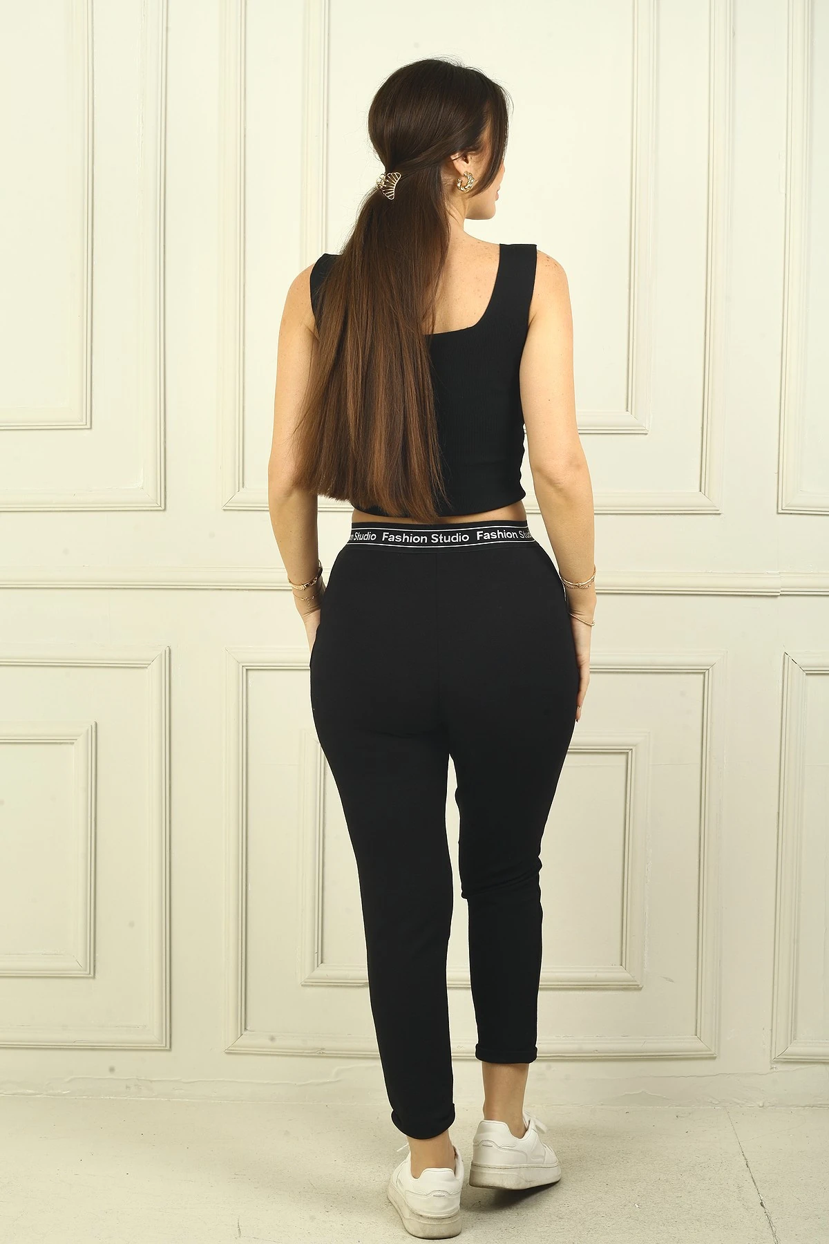 Kadın Beli Yazılı Lastikli Cepli Pileli Scuba Crep Pantolon