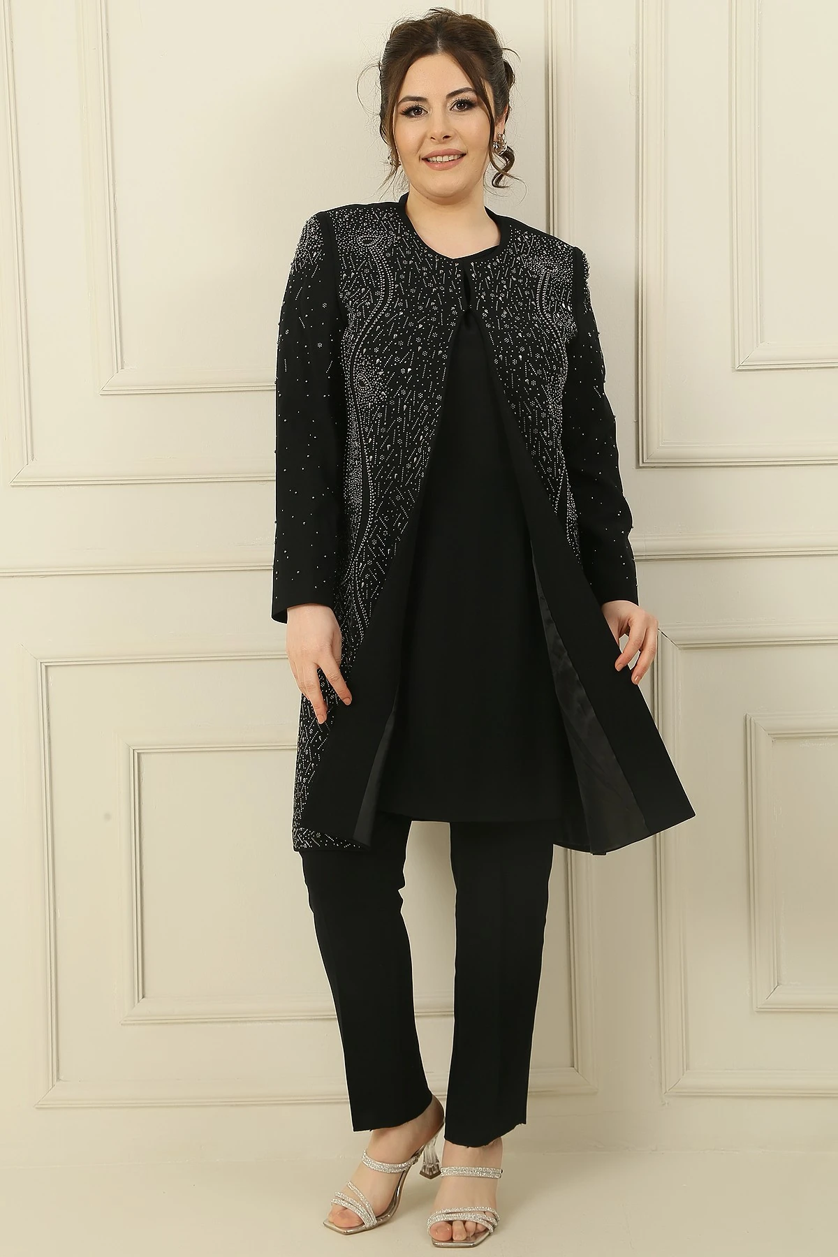 İçi Kolsuz Bluz Taş Baskılı Astarlı Uzun Ceket dar Paça Pantolon Büyük Beden 3'lü Takım