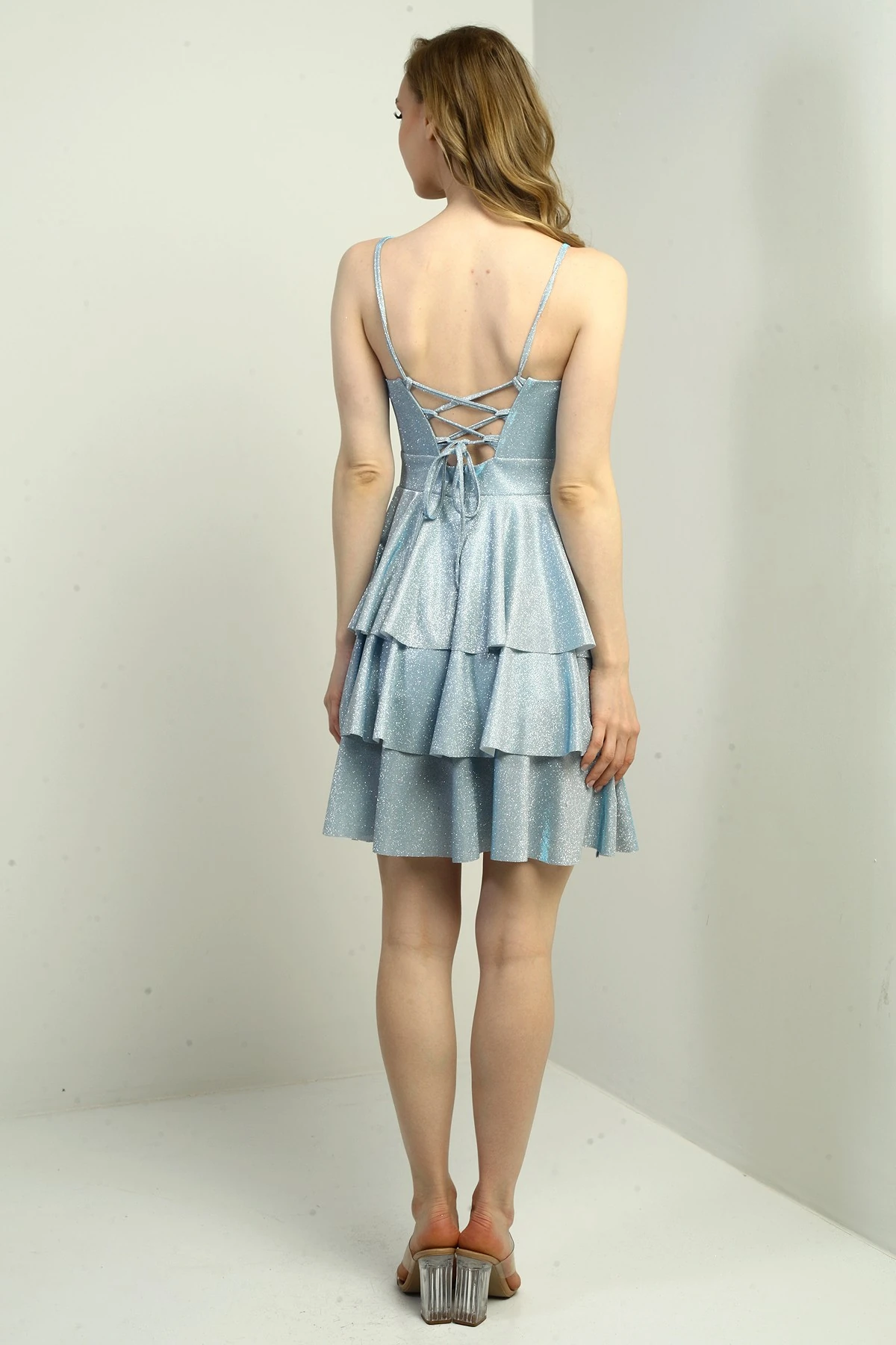 Kadın İp Askılı Simli Kat Kat Kısa Elbise