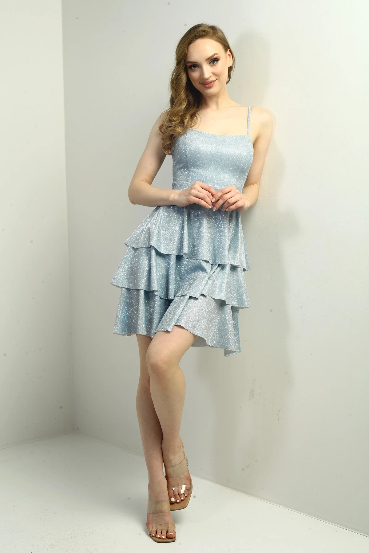 Kadın İp Askılı Simli Kat Kat Kısa Elbise