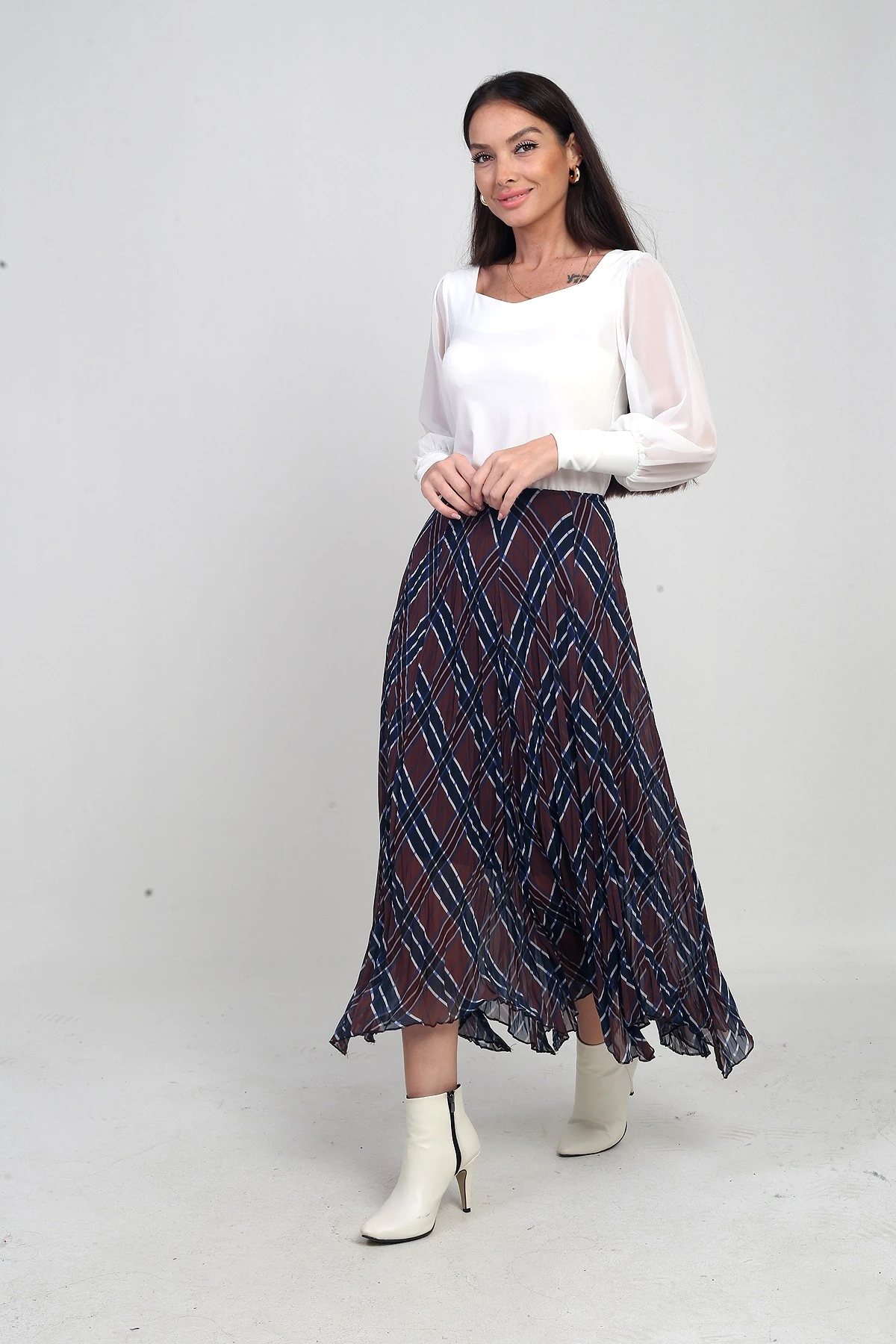 Kadın Beli Lastikli Astarlı Ekoseli Kraşlı Üçgen Midi Etek