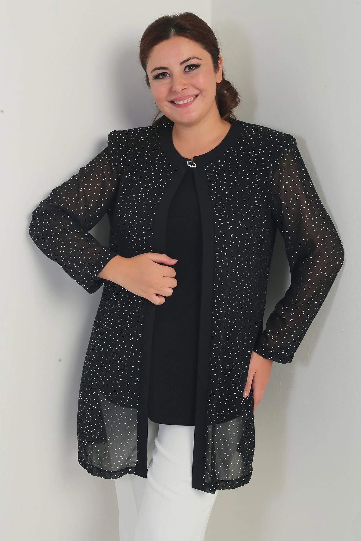 Kadın Uzun Kollu Likralı Bluz Yaldızlı Benek Baskılı Şifon Ceket Büyük Beden 2'li Takım