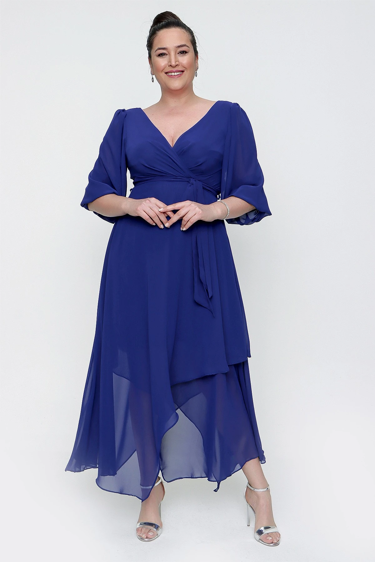 Kruvaze Balon Kollu Uzun Şifon Elbise