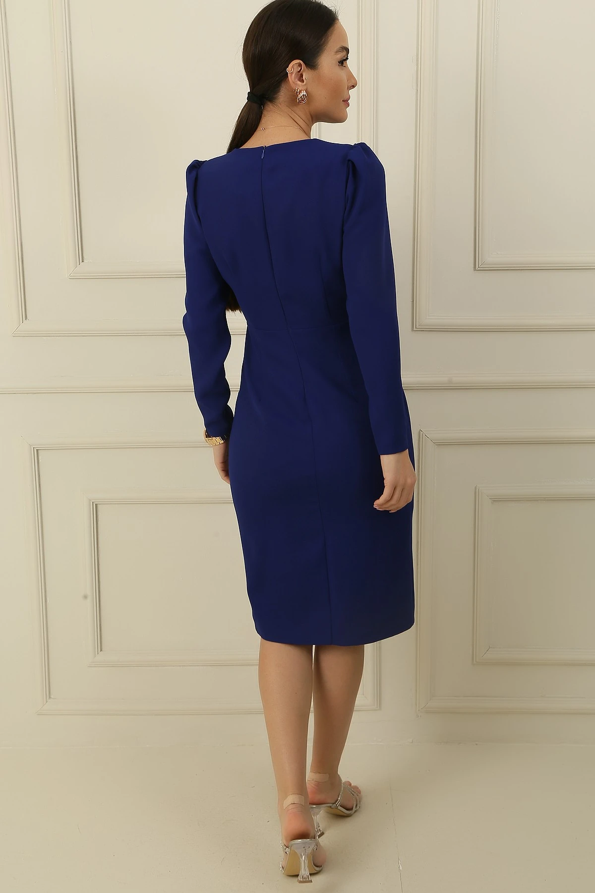 Kruvaze Tek Yaka Boncuk Detaylı Yarım Astarlı Anvelop Elbise