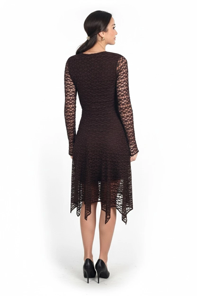 Kadın V Yaka Astarlı Önü Büzgülü Eteği Asimetrik Midi Dantel Elbise