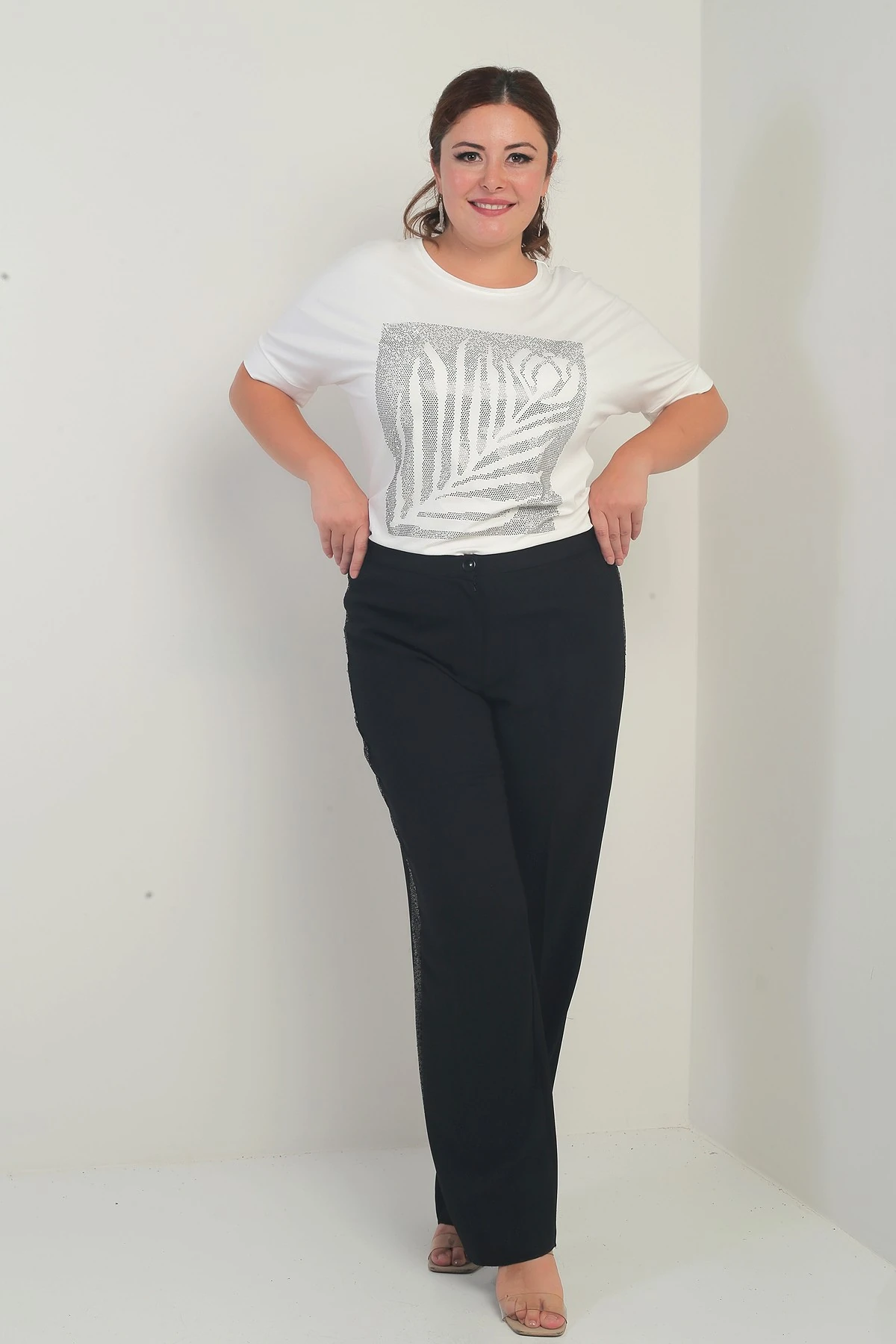 Kadın Beli Lastikli Yanları Pul Payet Şeritli B.B. Pantolon