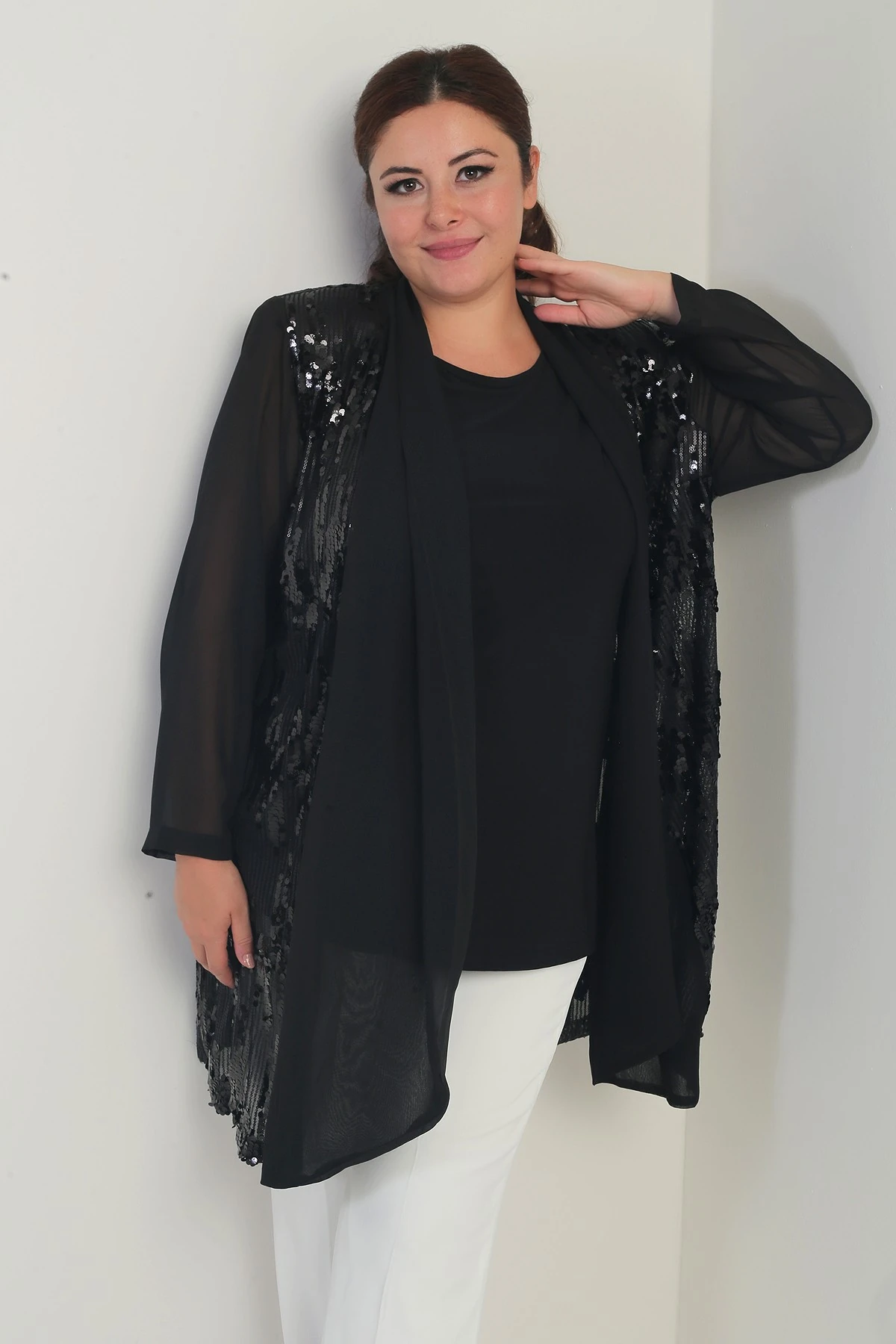 Kadın Yuvarlak Yaka Likralı Bluz Pulpayet Şifon Ceket Büyük Beden 2'li Takım