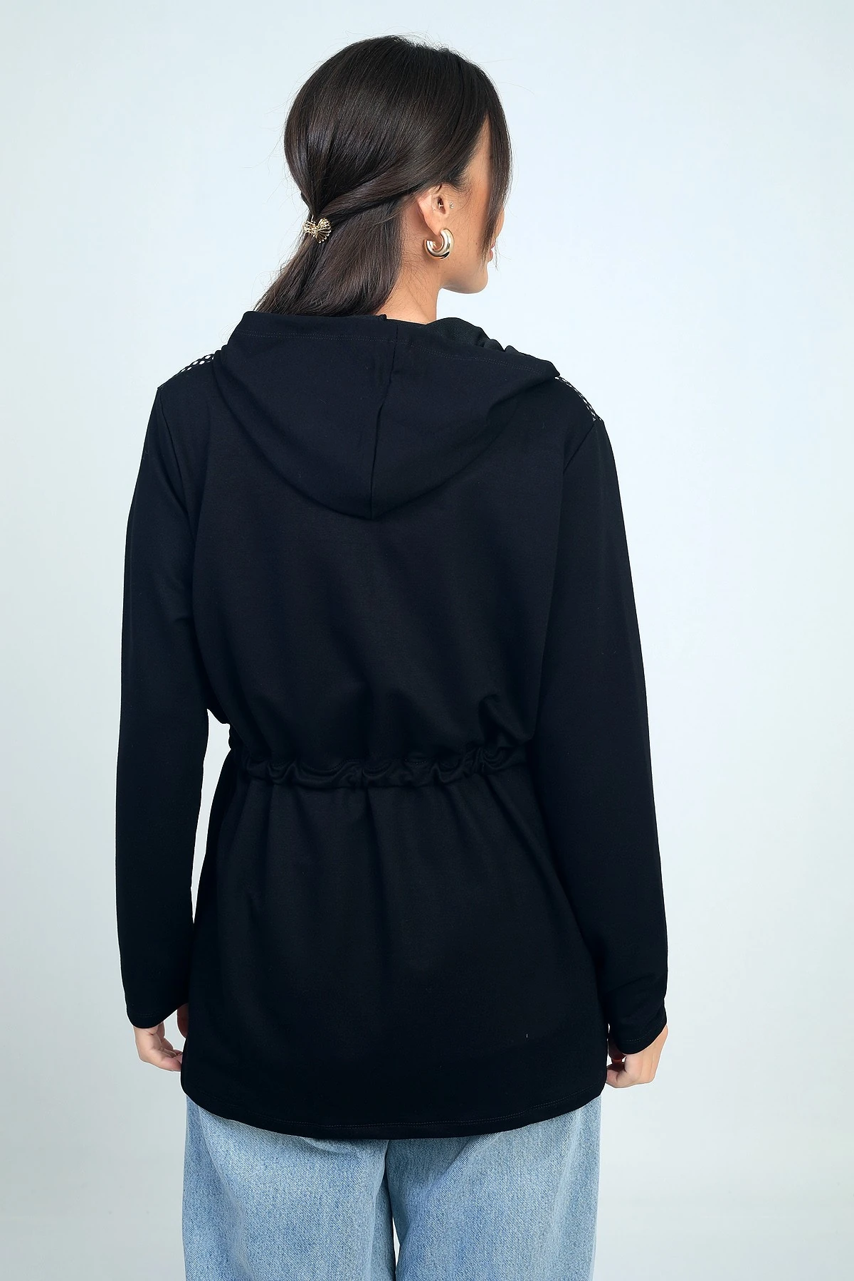 Kadın Kapüşonlu Önü Fermuarlı Deri File Detaylı Beli Bağcıklı Osyho Kumaş Hırka