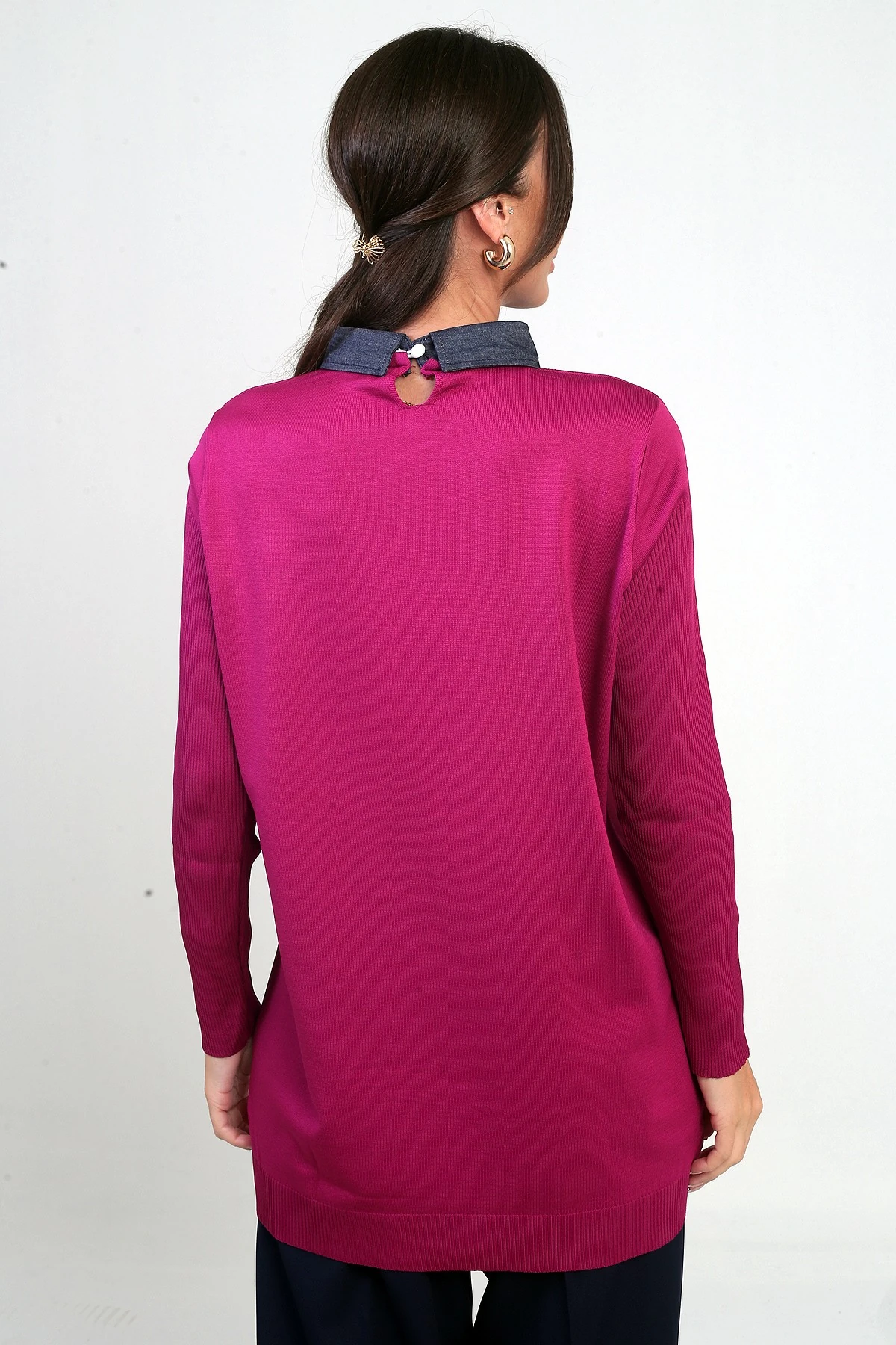 Kadın Taşlı Gömlek Yaka Tunik Triko Bluz