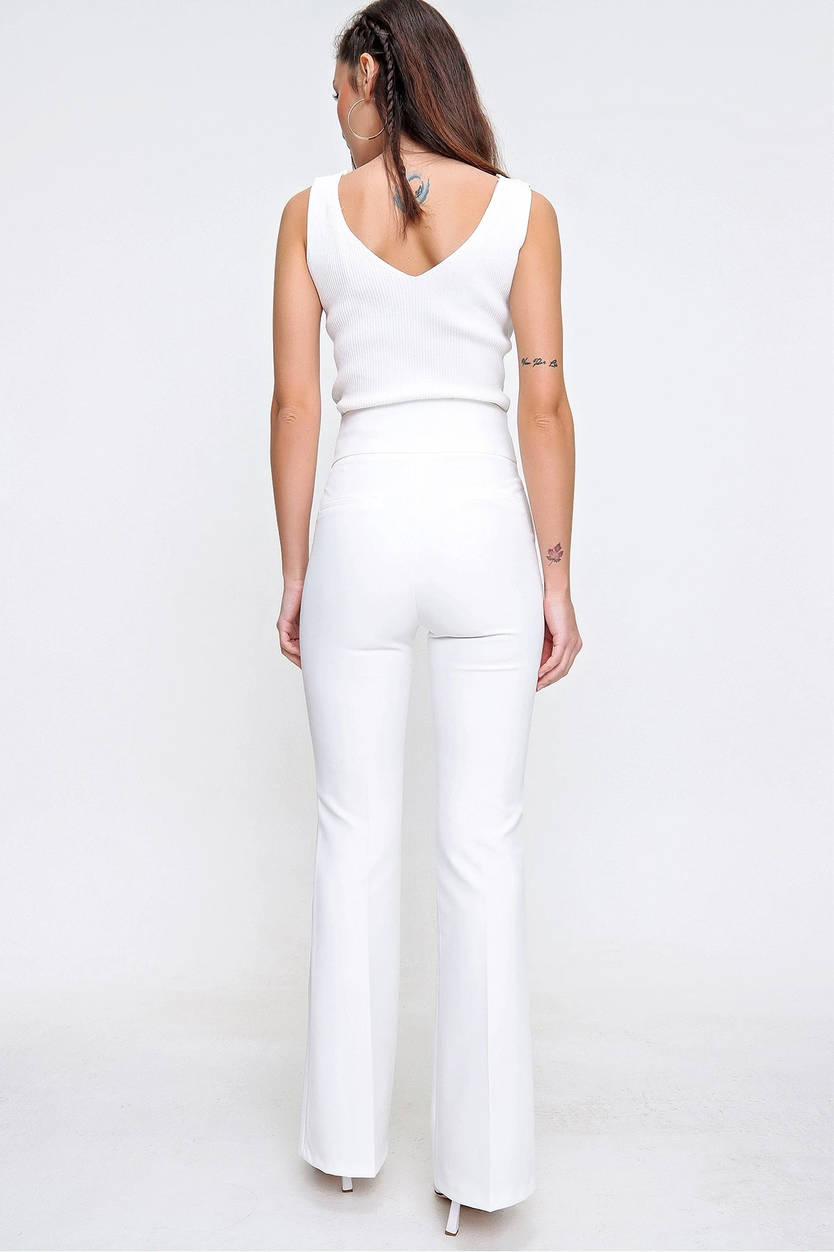 Yüksek Bel Cepli En Boy Likra İspanyol Paça Pantolon