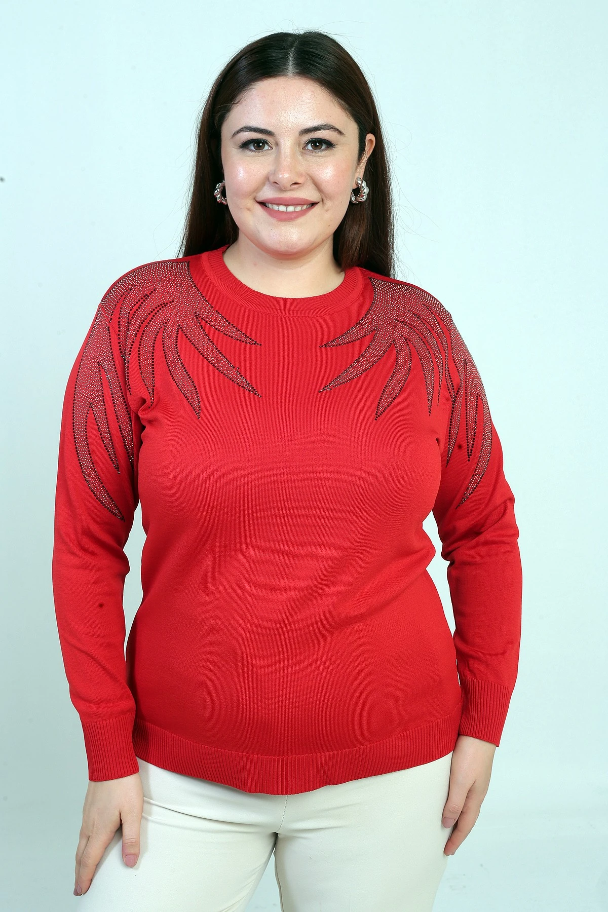 Kadın Omuzları Taş Baskılı Büyük Beden Triko Bluz