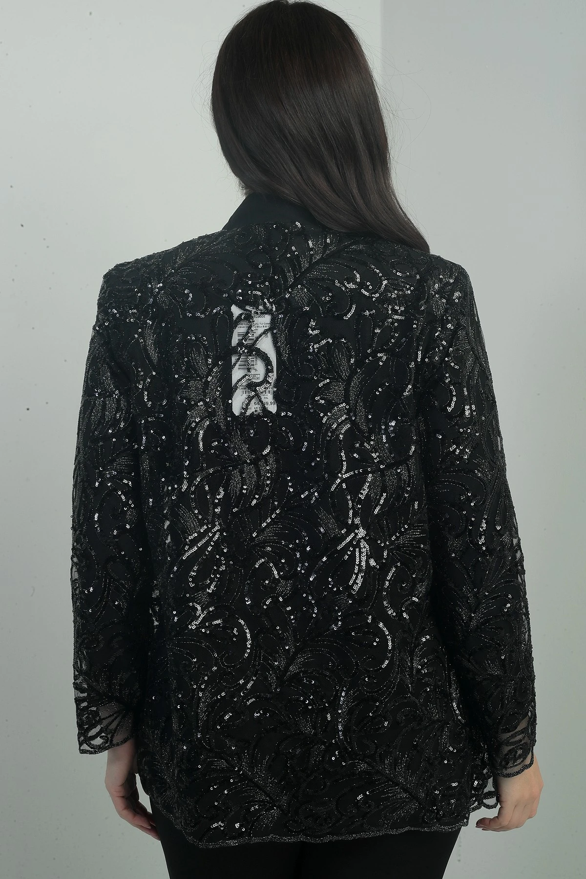 Kadın Pullu Tül Ceket Likralı Uzun Kol Bluz Büyük Beden 2'li Takım