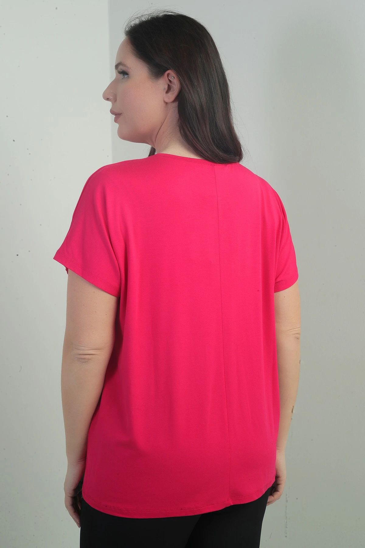 Kadın Omuzu Taş Baskılı Bisiklet Yaka Yarasa Kol B.B. Bluz