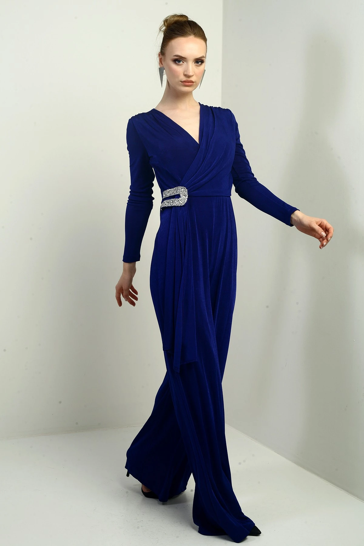 Kadın Kruvaze Yaka Bel Taş Detaylı Uzun Kollu Bol Paça Likralı Tulum