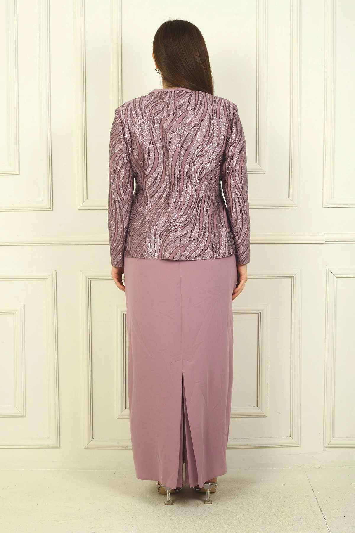 Pulpayet Ceket Yarım Ay Kollu Astarlı Krep Elbise Büyük Beden 2'li Takım