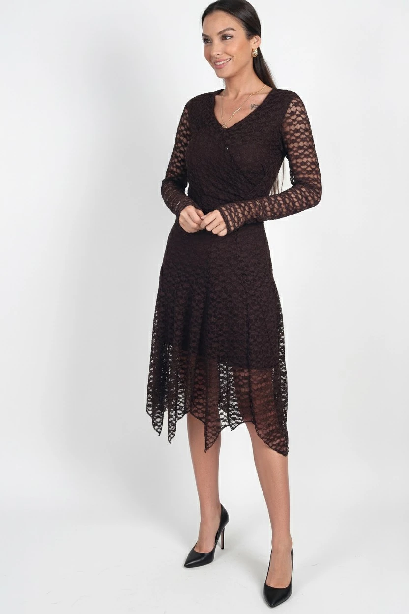 Kadın V Yaka Astarlı Önü Büzgülü Eteği Asimetrik Midi Dantel Elbise