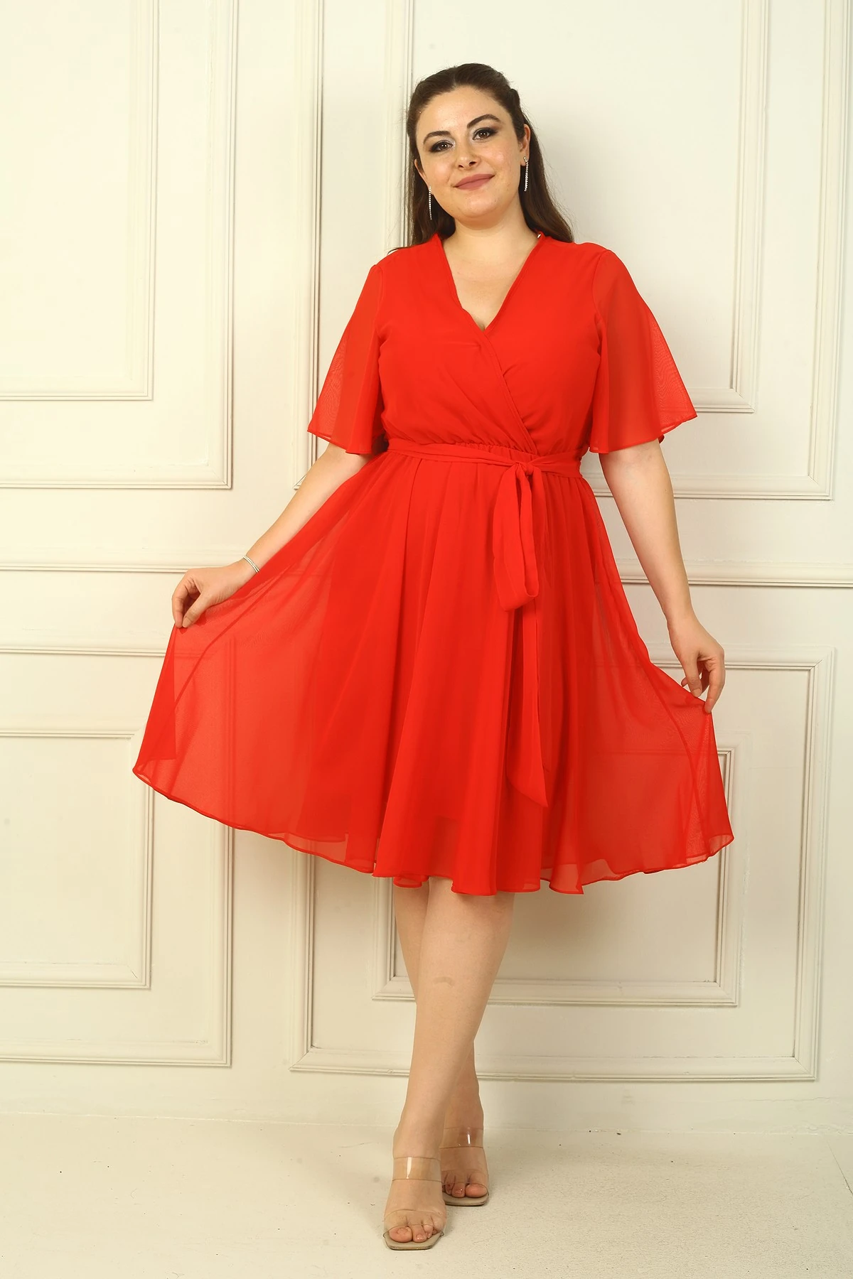 Kadın Kruvaze Yaka Volan Kollu Astarlı B.B Şifon Elbise