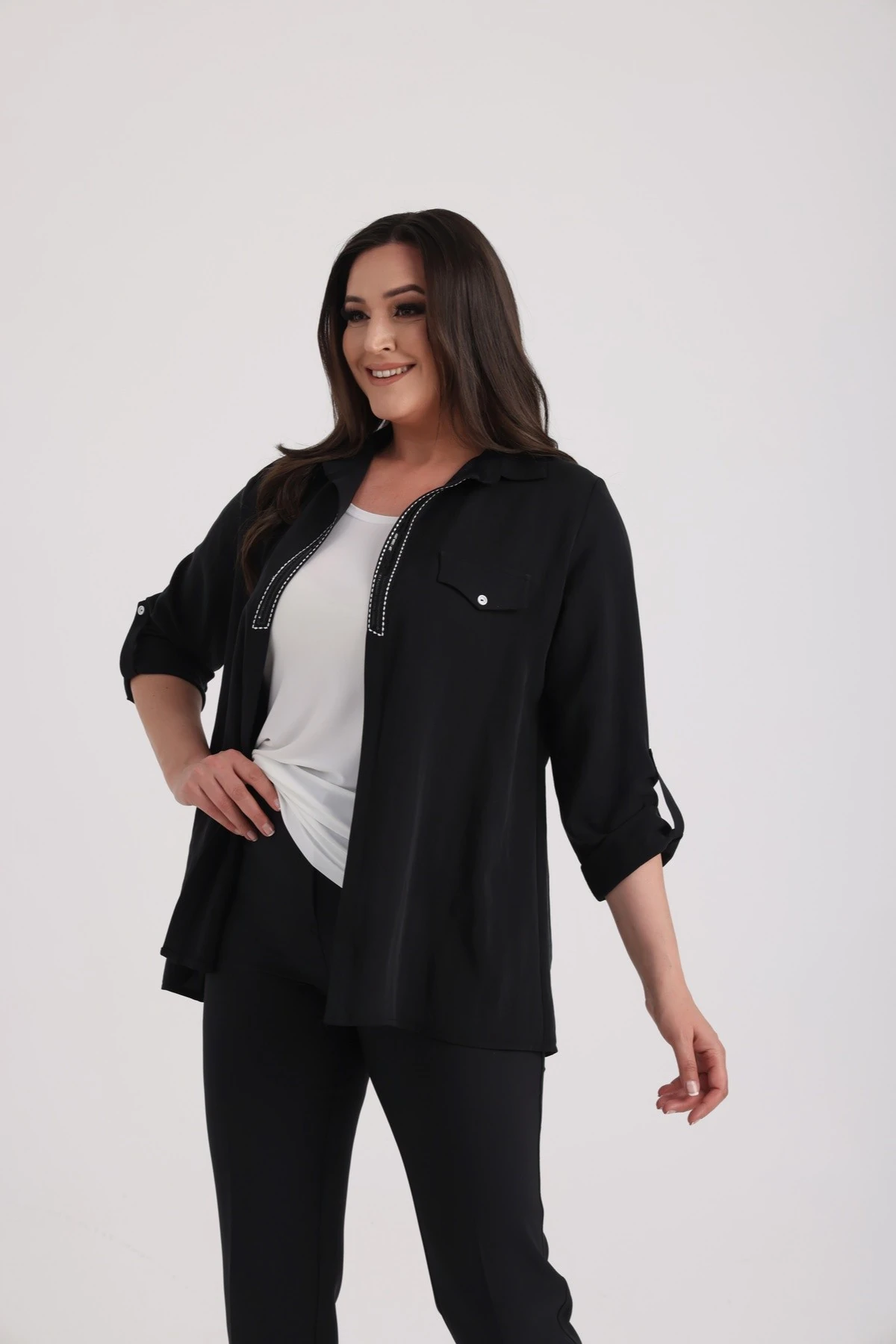 Kadın Kolsuz Likralı Bluz Kol Katlamalı Patları Pullu İşlemeli Ceket Büyük Beden 2'li Takım