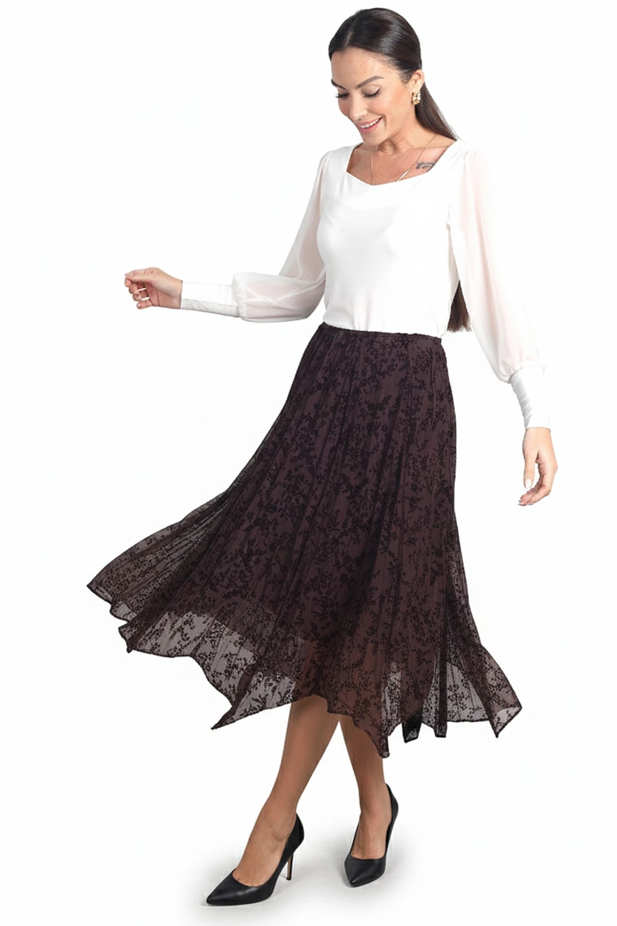 Kadın Beli Lastikli Astarlı Flok Baskı Parçalı Midi Etek