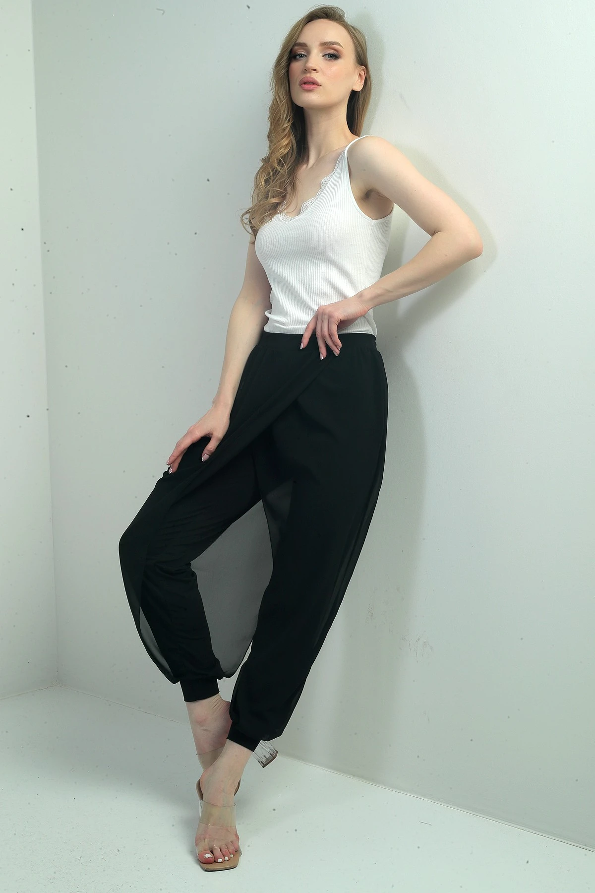 Kadın Üstü Şifon Beli Lastikli Şalvar Pantolon