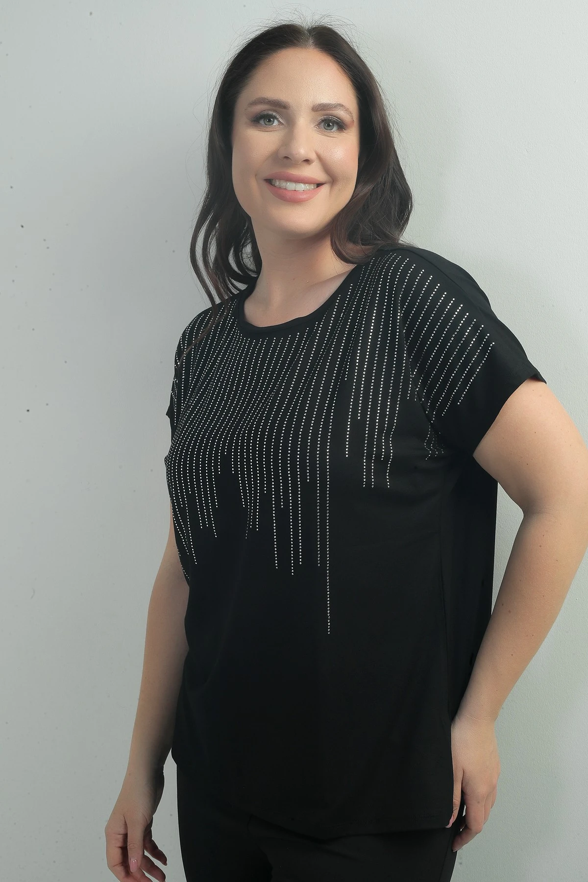 Kadın Önü Şelale Taş Baskılı Bisiklet Yaka B.B. Bluz