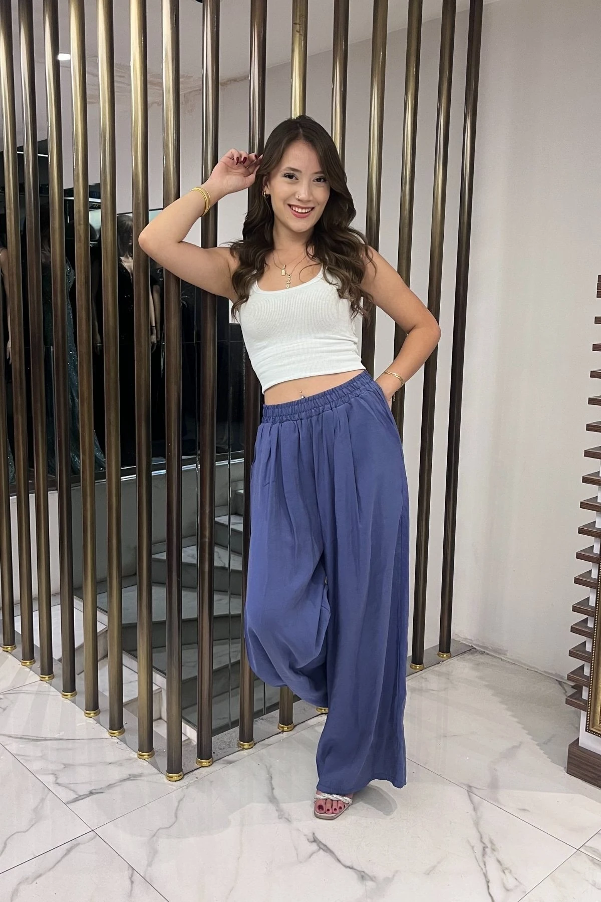 Kadın Beli Lastikli Cepli Lyocell Palazzo Pantolon