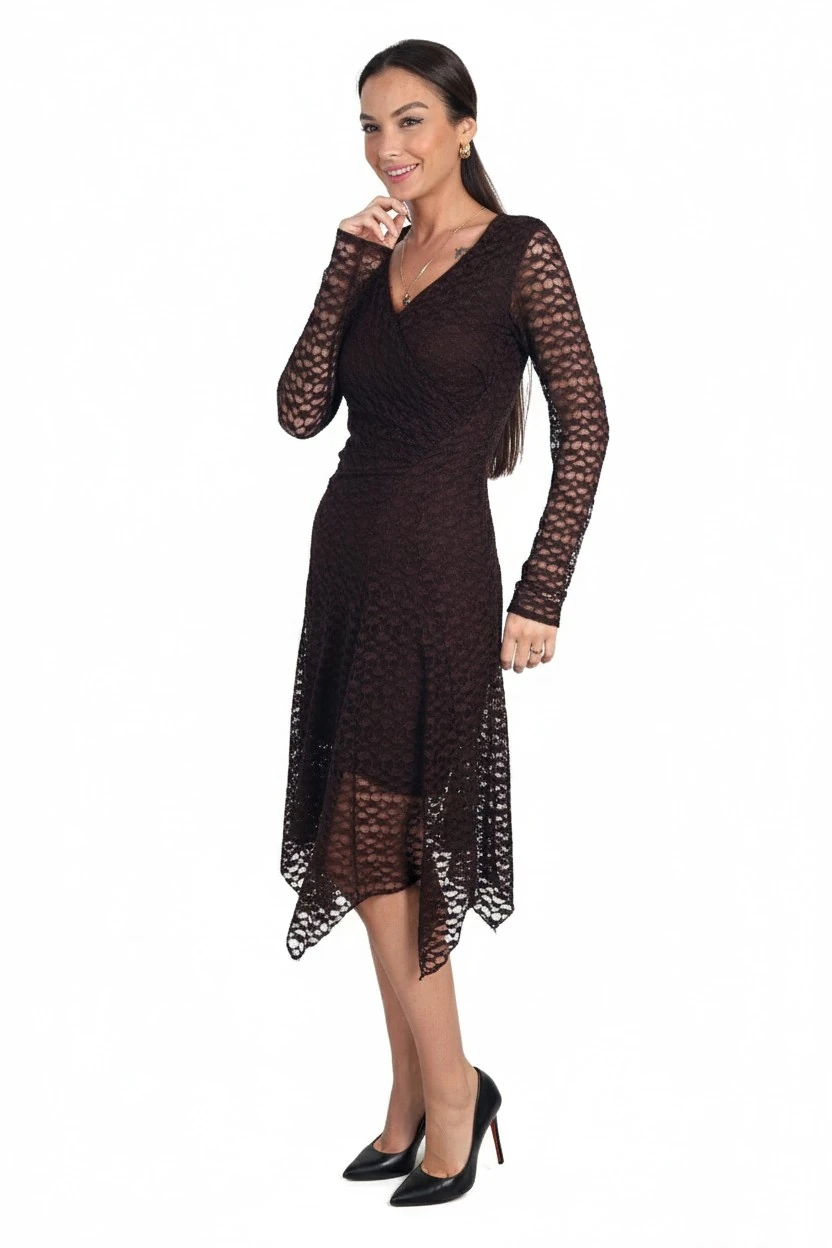 Kadın V Yaka Astarlı Önü Büzgülü Eteği Asimetrik Midi Dantel Elbise