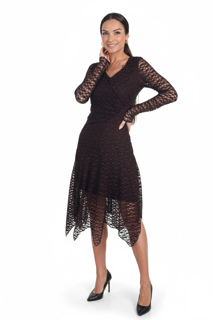 Kadın V Yaka Astarlı Önü Büzgülü Eteği Asimetrik Midi Dantel Elbise