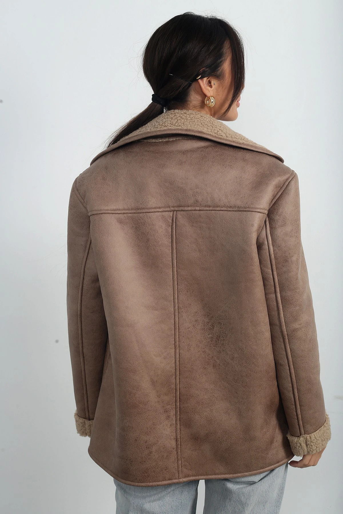 Kadın Kruvaze Yaka Torba Cepli İçi Kürklü Napa Kaban