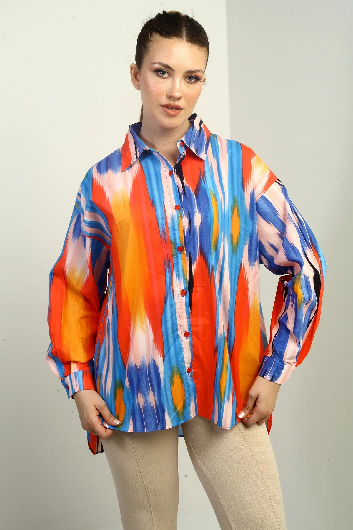 Kadın Fırça Desenli Oversize Gömlek