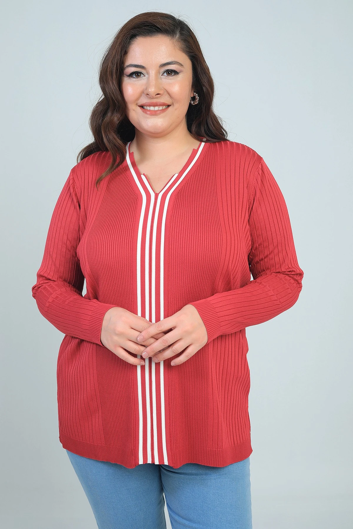 Kadın V Yaka Önü Şeritli Fitilli Soğuk İplik Büyük Beden Triko Bluz