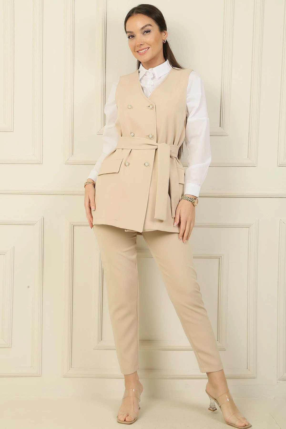 6 Düğmeli Sahte Cepli Kuşaklı Yelek Beli Lastikli Dar Paça Pantolon 2'li Takım