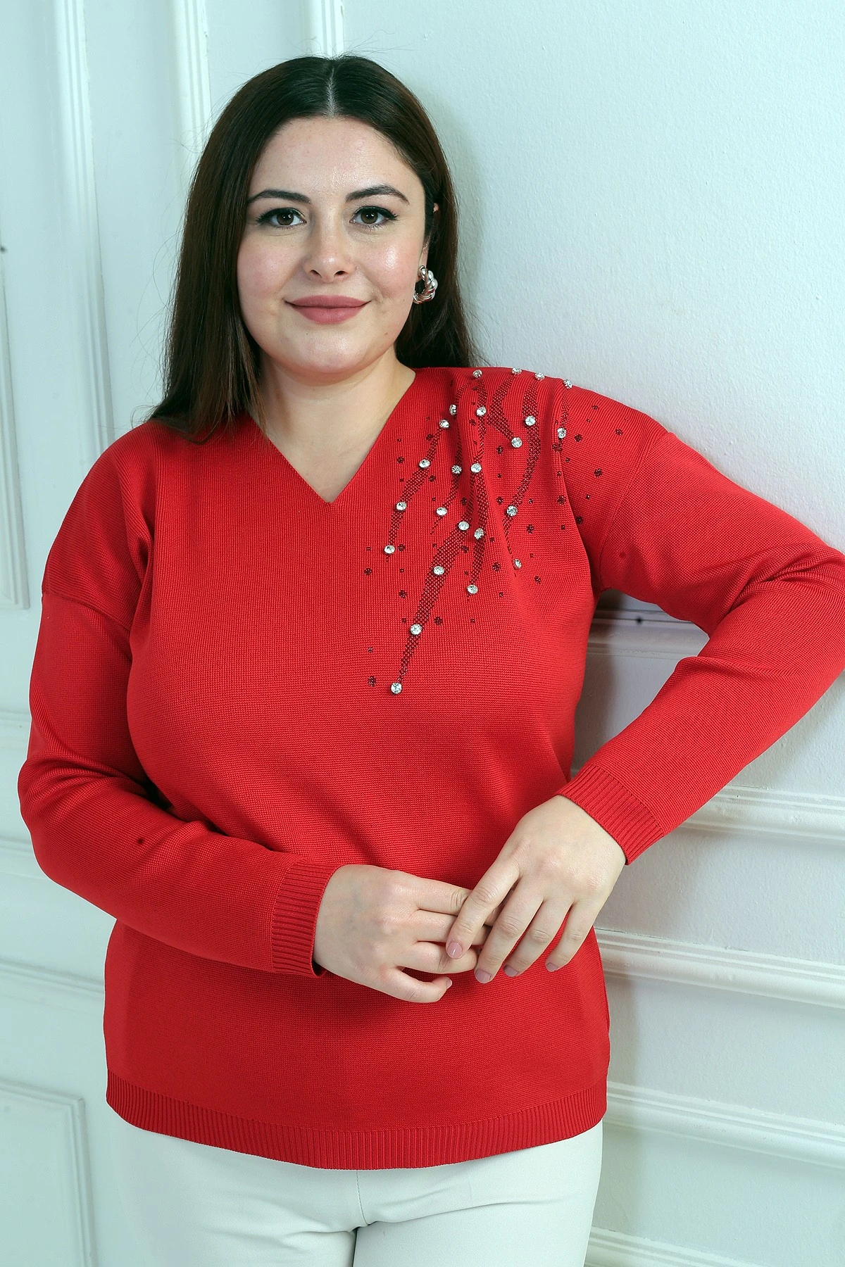 Kadın V Yaka Büyük Beden Taşlı Triko Bluz