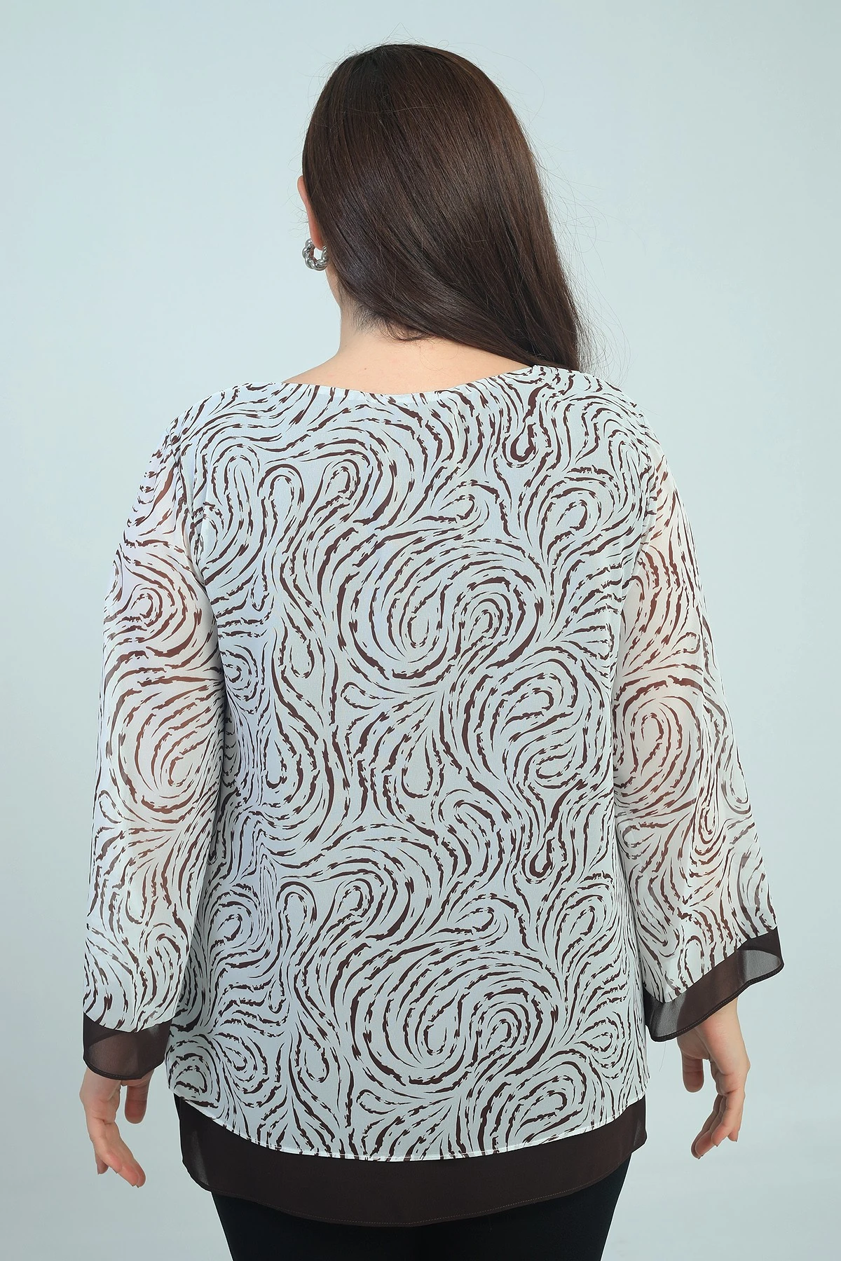 Kadın V Yaka Desenli Büyük Beden Şifon Bluz