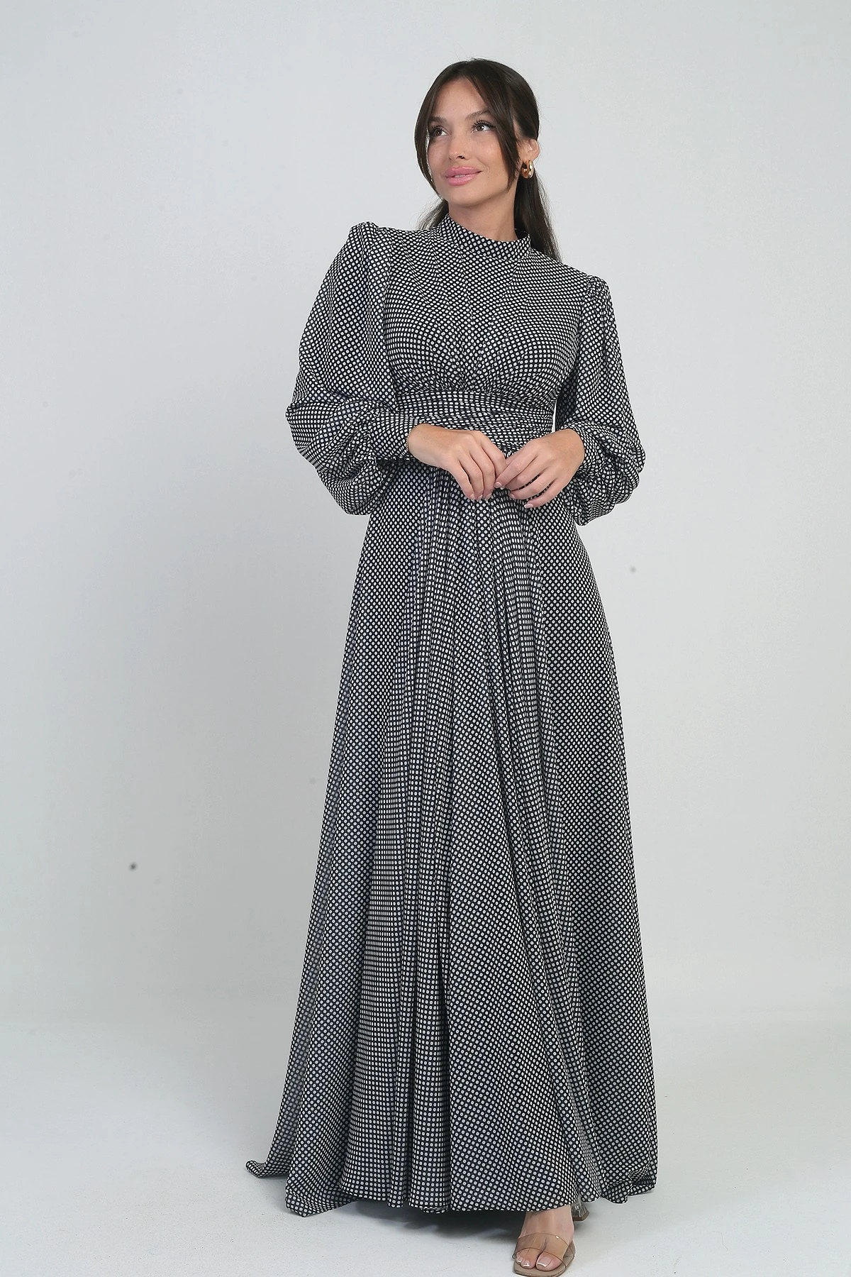 Kadın Önü Drapeli Benekli Uzun Şifon Elbise