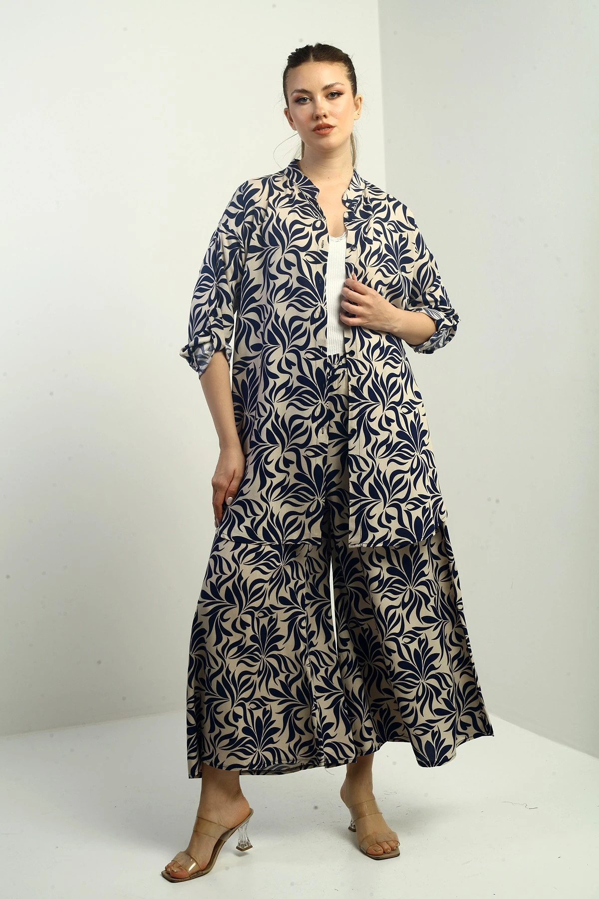 Kadın Yanları Yırtmaçlı Tunik Gömlek Beli lastikli Cepli Palazzo Pantolon Çiçek Desen Oversize 2'li Takım