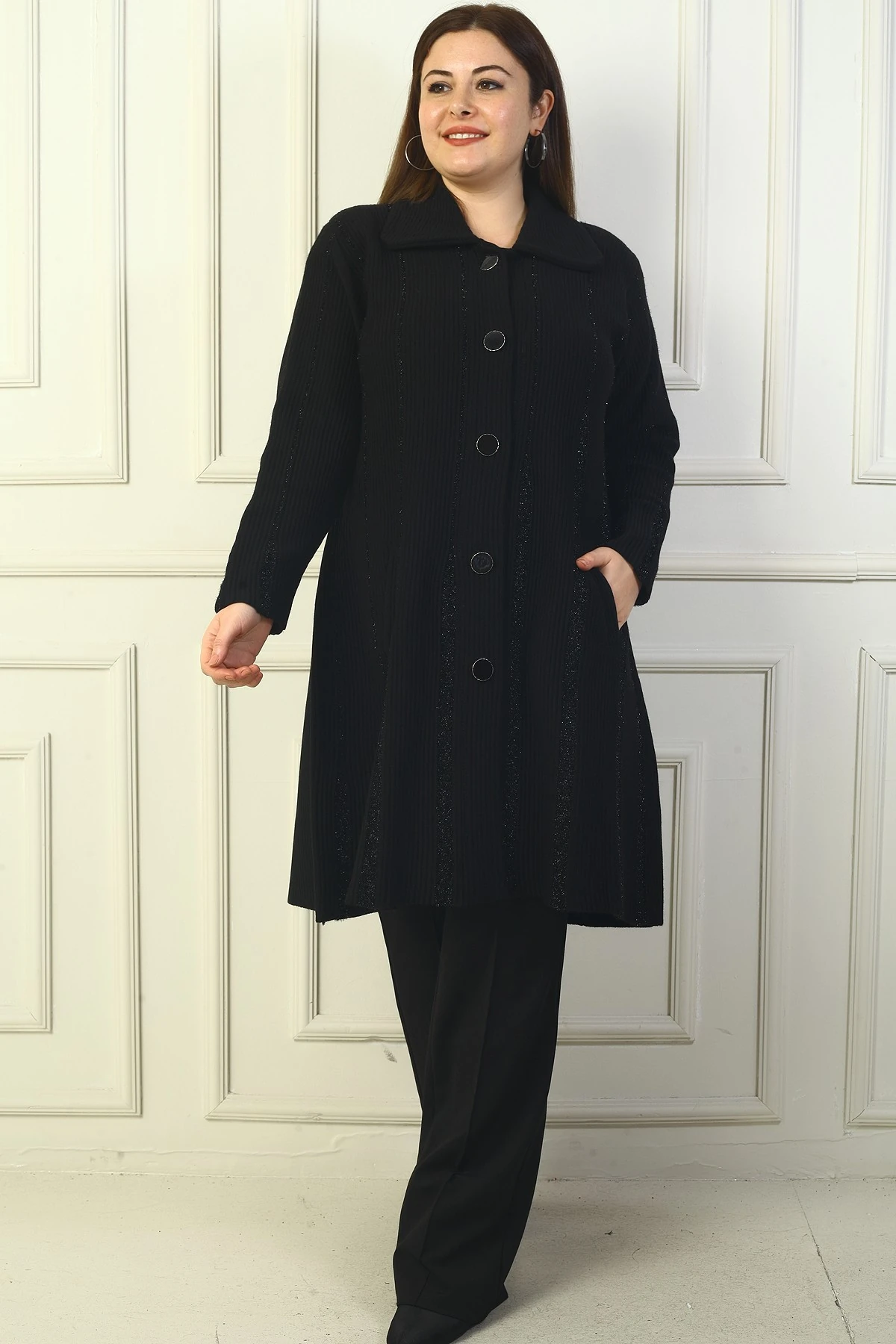 Kaban Boyuna Sim Çizgili Cepli Önü Düğmeli Büyük Beden Triko Kaban