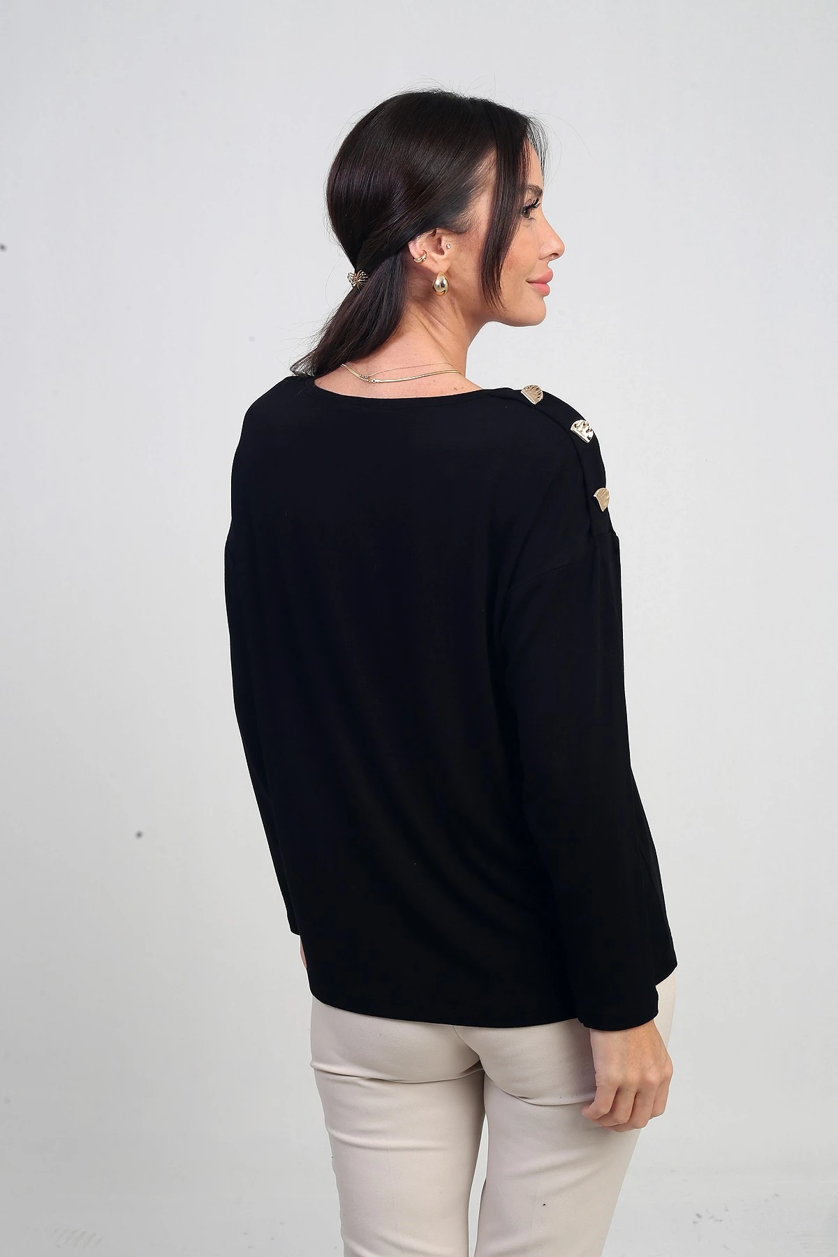 Kadın V Yaka Omuzu Düğmeli Likralı Çilek Bluz