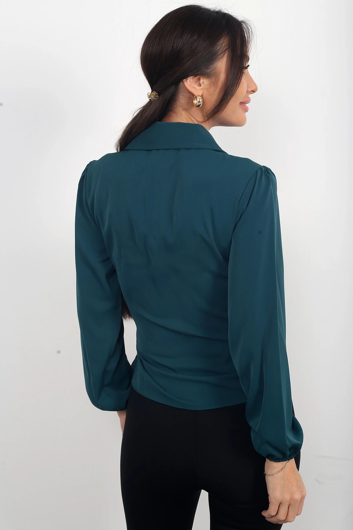 Kadın Kruvaze Polo Yaka Yandan Bağlamalı Krep Şifon Bluz